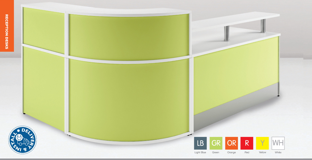 Coloured front Reception Desk Starter unit 1600 mm with optional MFC or Glass Shelf and choice of colour panels 