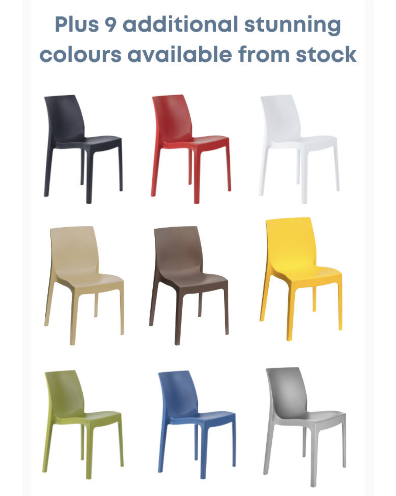 Strata Indoor or Outdoor polypropylene chair stacks 8 high white stock colours