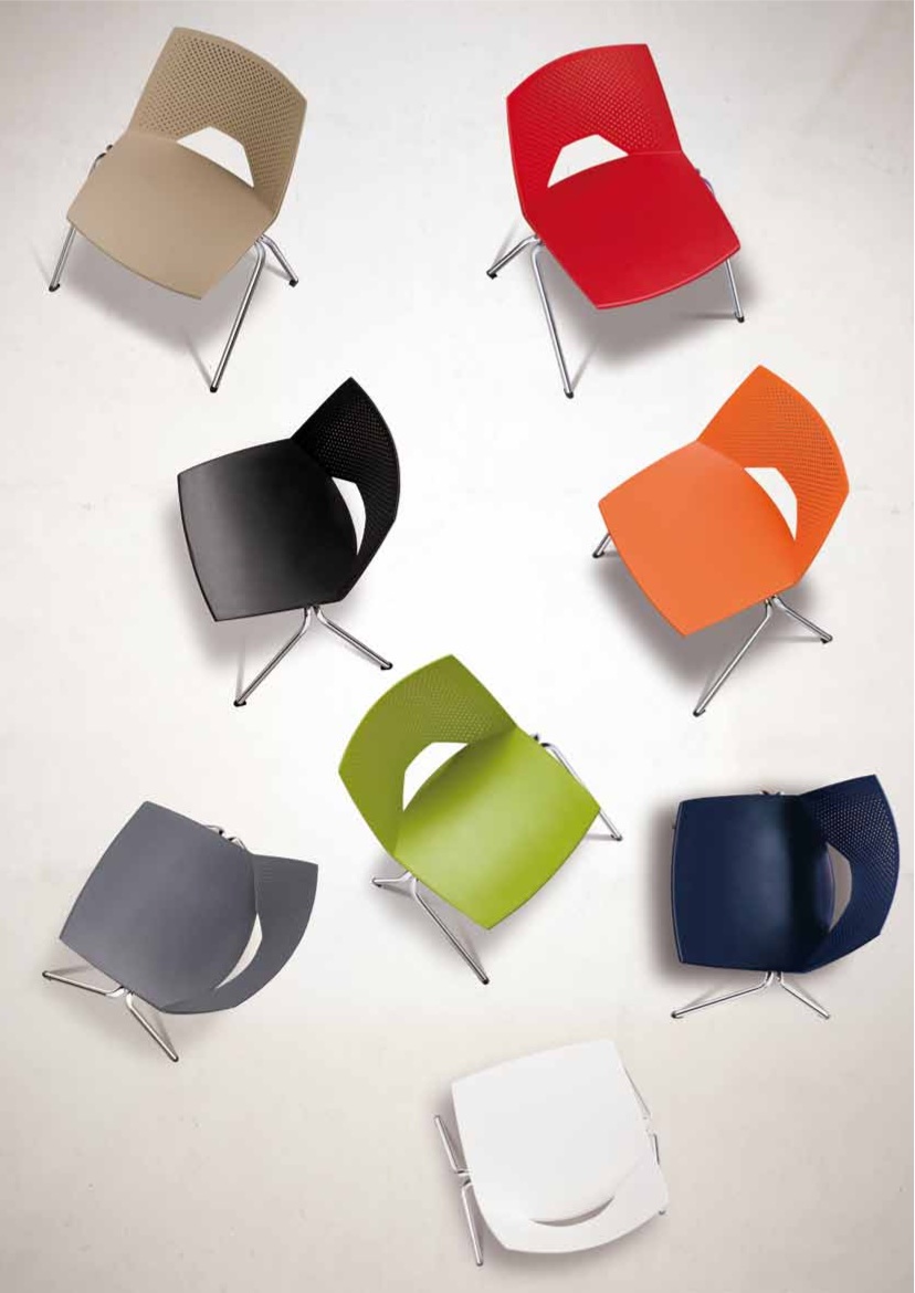 Style Orange shell polypropylene swivel chair with a polished aluminium base.