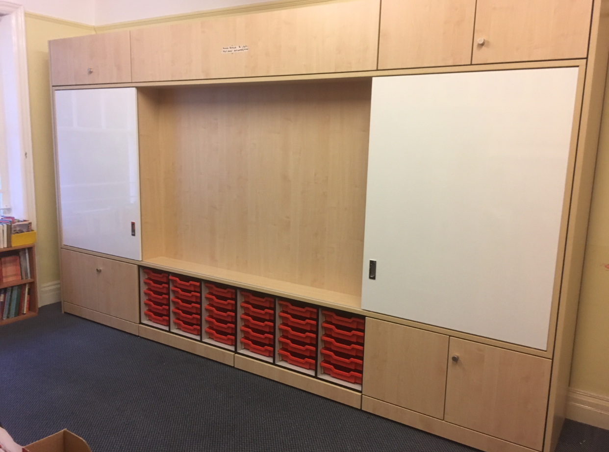 Teacher wall with sliding whiteboards and trays 4 metres. DELIVERED AND INSTALLED  within 50 miles radius of London