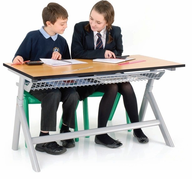 Titan height adjustable classroom desk beech 1200x600 single desk silver frame basket 350-760 high