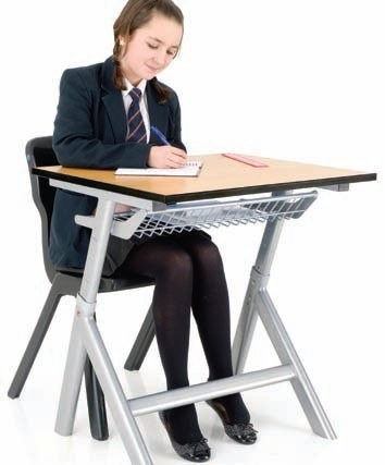 Titan height adjustable classroom desk beech 700x600 single desk silver frame basket 350-760 high