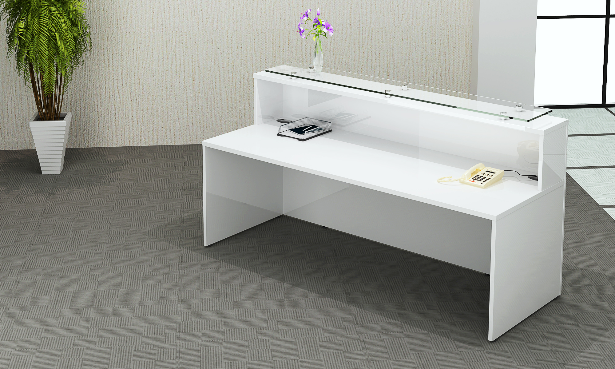 White gloss reception desk with 12 mm glass shelf on counter top 2000x800x1130 and optional return desk