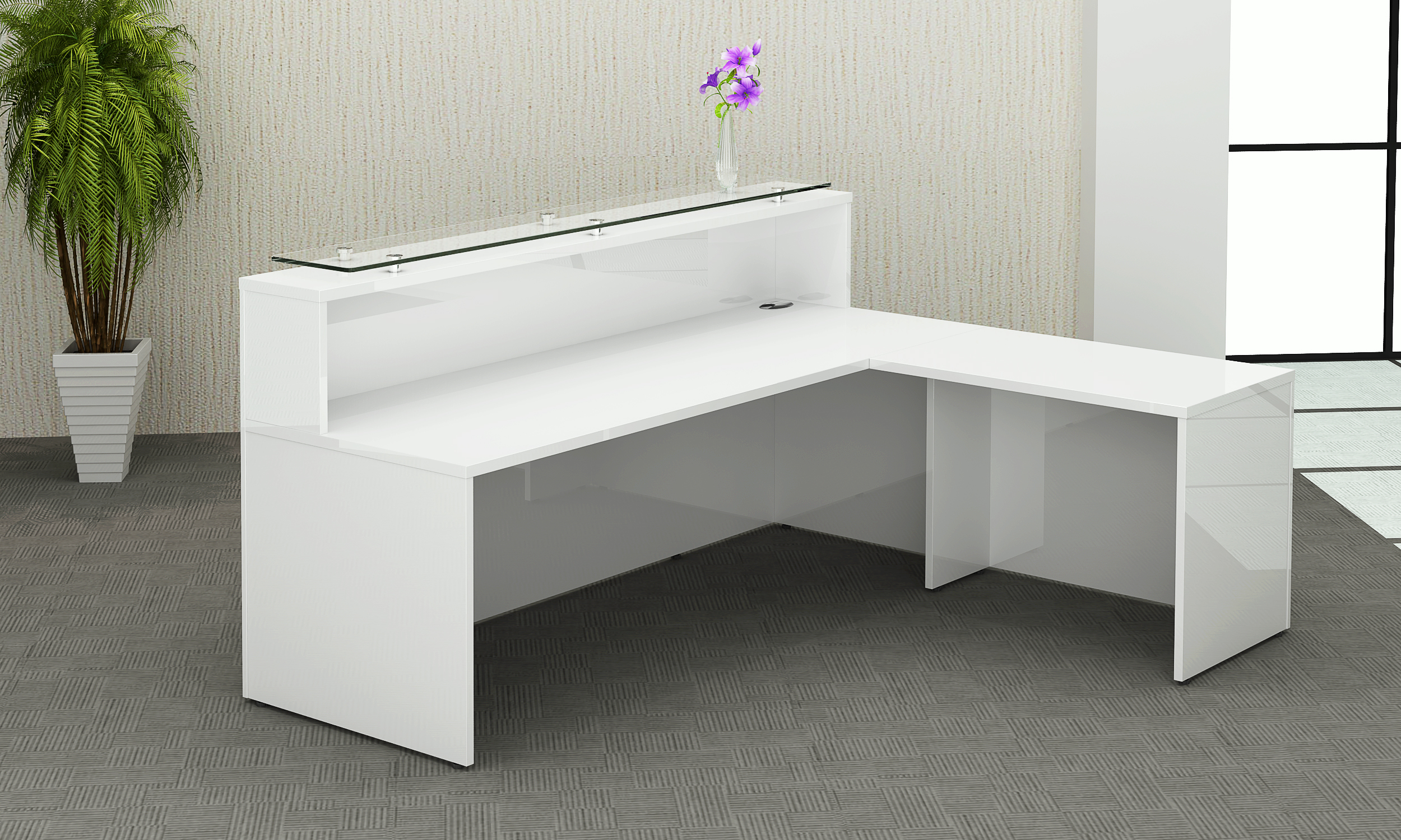 White gloss reception desk with 12 mm glass shelf on counter top 2000x800x1130 and return desk