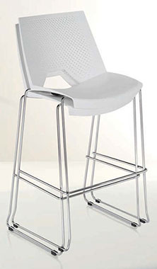 Designer White shell polypropylene high stool with chrome sled base.